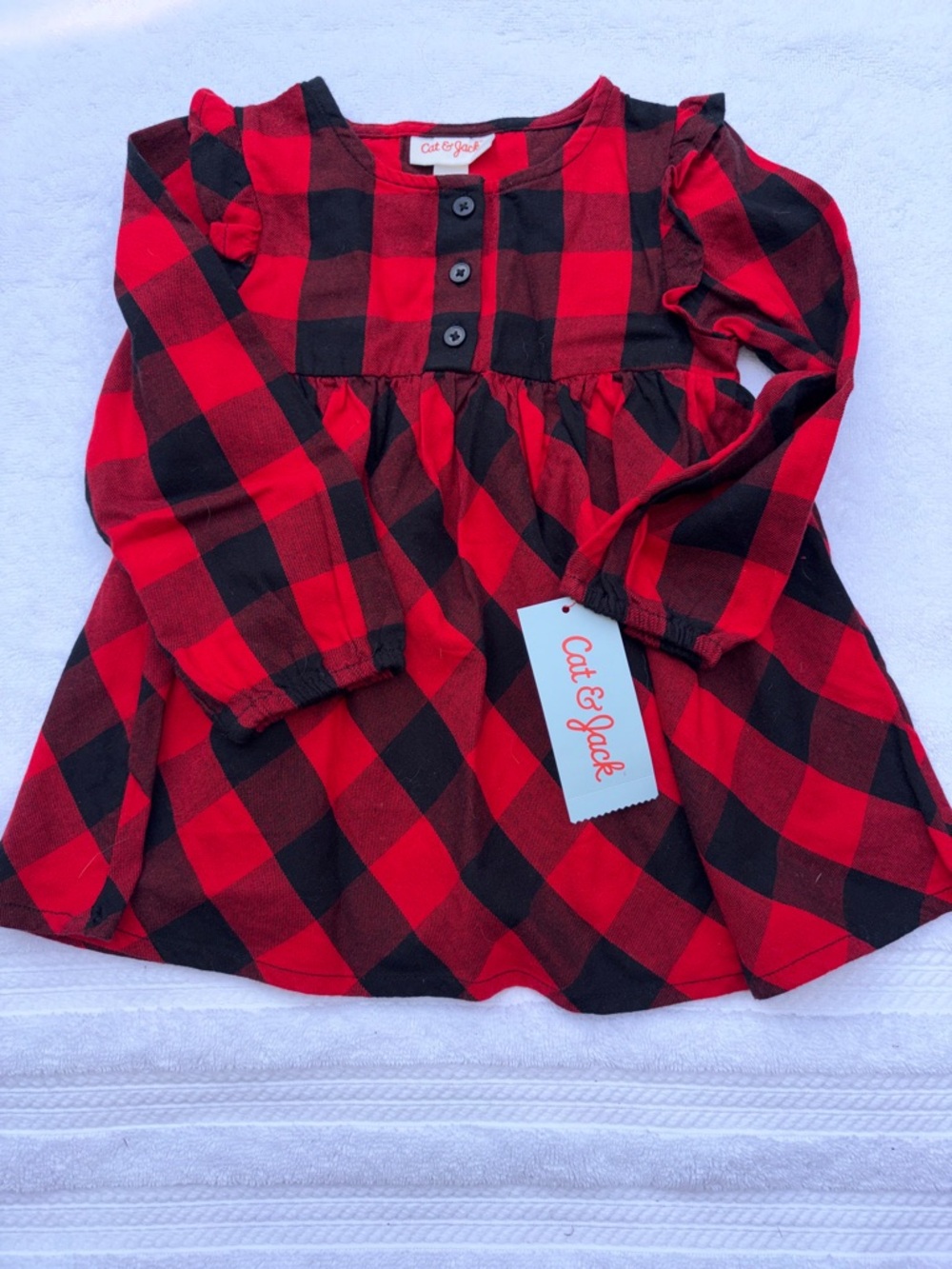 Cat & Jack Red and Black Plaid Button-Front Long Sleeve Dress